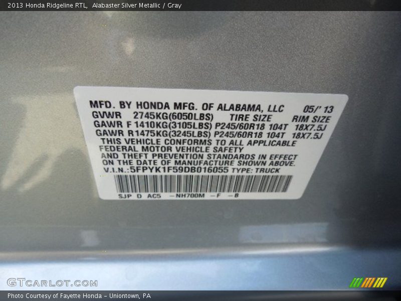 Alabaster Silver Metallic / Gray 2013 Honda Ridgeline RTL