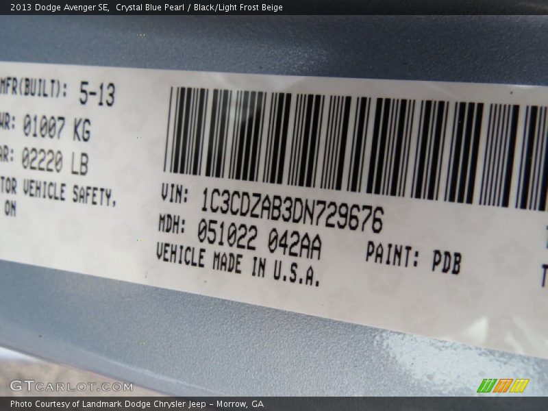 Crystal Blue Pearl / Black/Light Frost Beige 2013 Dodge Avenger SE