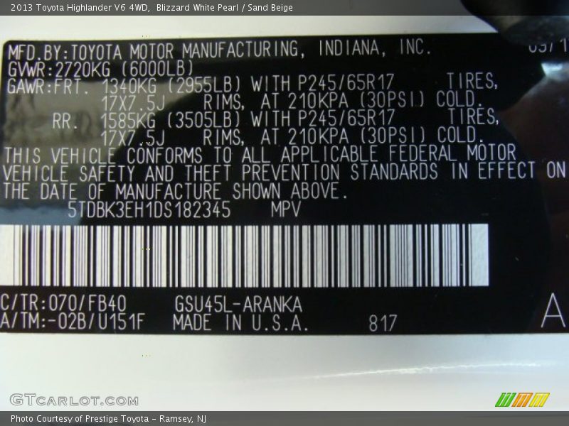 Blizzard White Pearl / Sand Beige 2013 Toyota Highlander V6 4WD