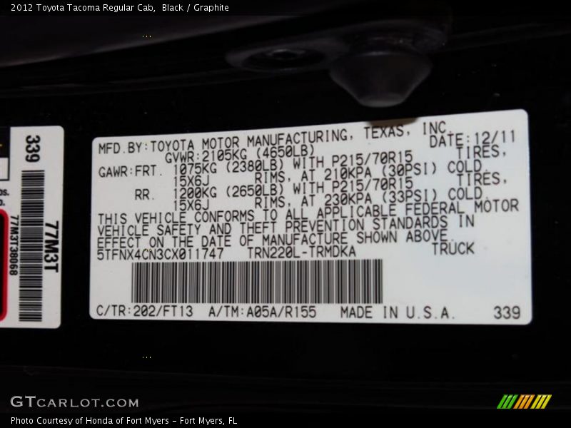 Black / Graphite 2012 Toyota Tacoma Regular Cab
