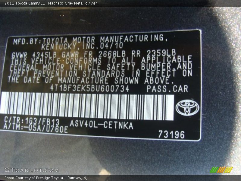 Magnetic Gray Metallic / Ash 2011 Toyota Camry LE