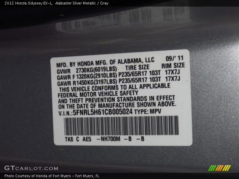 Alabaster Silver Metallic / Gray 2012 Honda Odyssey EX-L