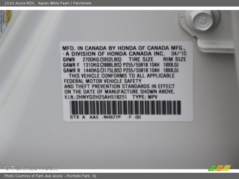 Aspen White Pearl / Parchment 2010 Acura MDX
