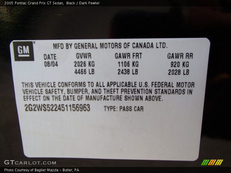 Black / Dark Pewter 2005 Pontiac Grand Prix GT Sedan