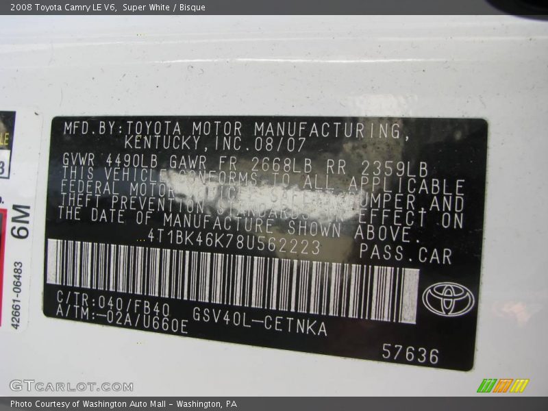 Super White / Bisque 2008 Toyota Camry LE V6