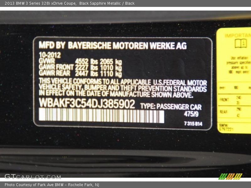 Black Sapphire Metallic / Black 2013 BMW 3 Series 328i xDrive Coupe