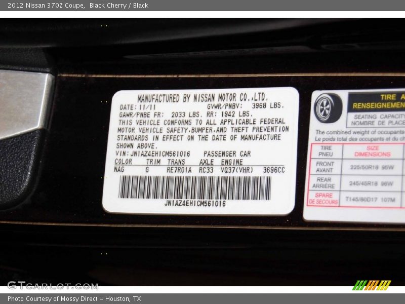 Black Cherry / Black 2012 Nissan 370Z Coupe