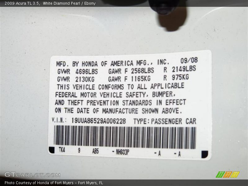 White Diamond Pearl / Ebony 2009 Acura TL 3.5