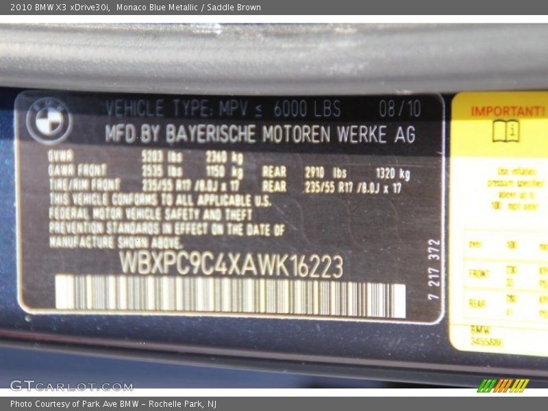 Monaco Blue Metallic / Saddle Brown 2010 BMW X3 xDrive30i