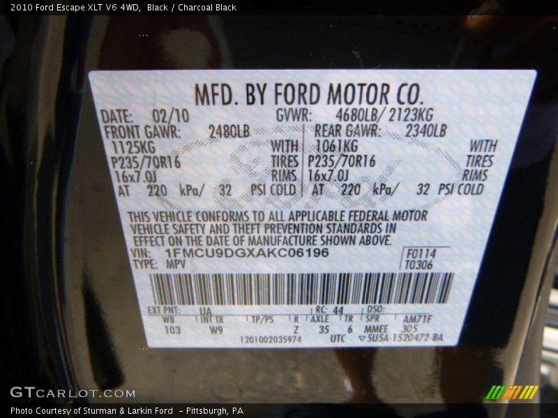 Black / Charcoal Black 2010 Ford Escape XLT V6 4WD