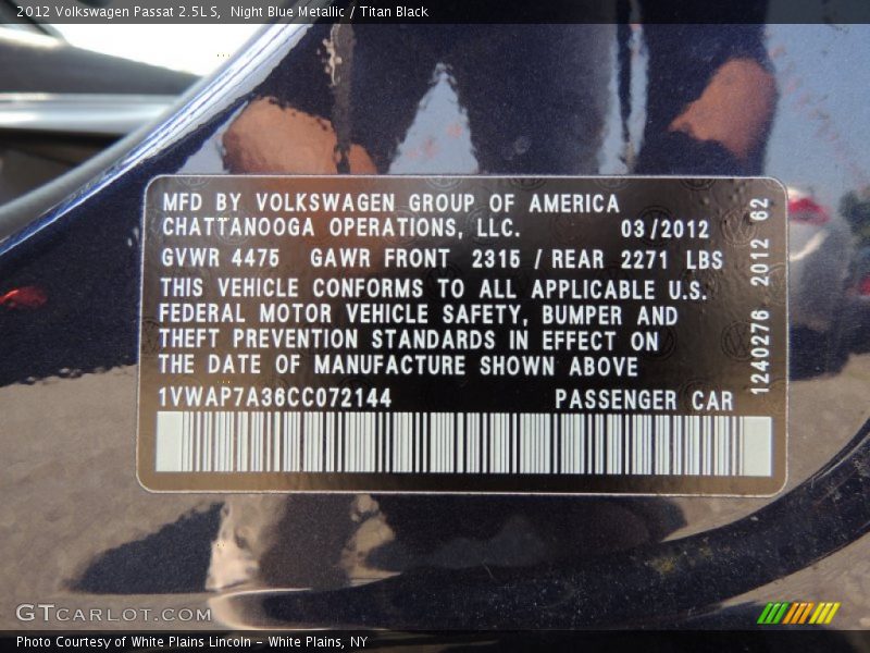 Night Blue Metallic / Titan Black 2012 Volkswagen Passat 2.5L S