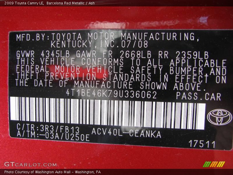Barcelona Red Metallic / Ash 2009 Toyota Camry LE