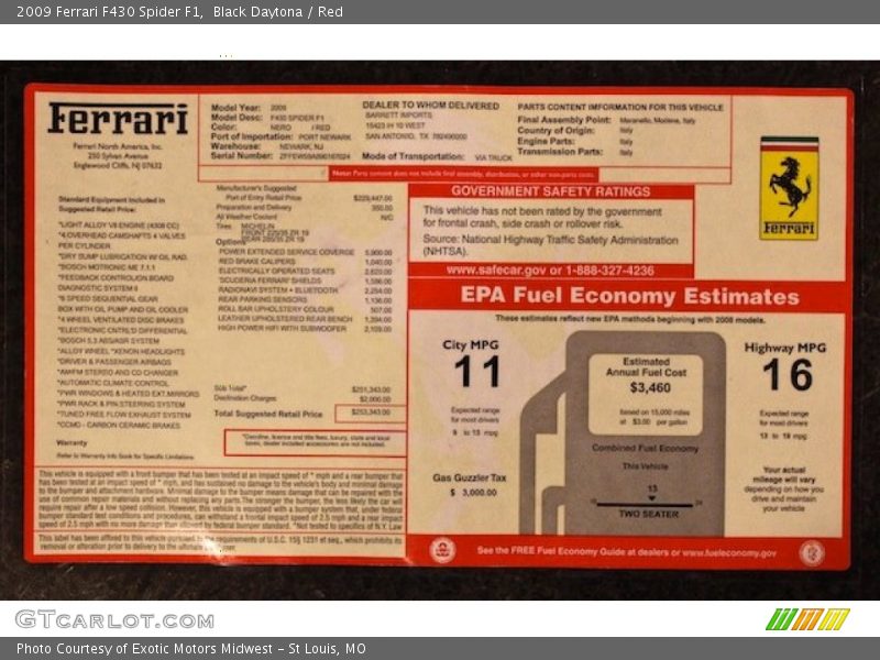  2009 F430 Spider F1 Window Sticker
