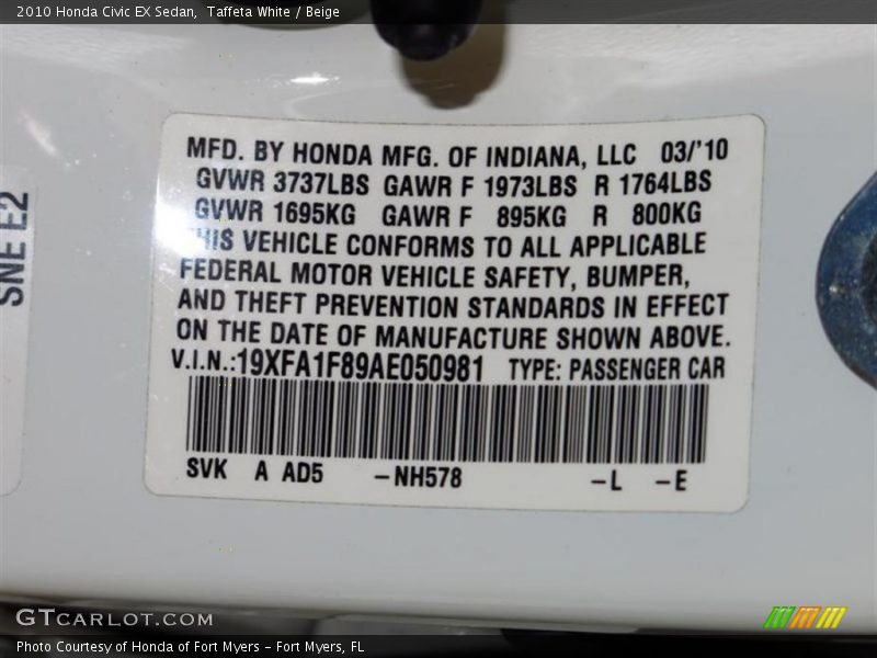 Taffeta White / Beige 2010 Honda Civic EX Sedan