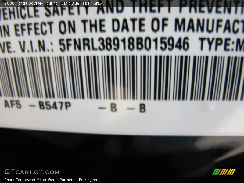 Baltic Blue Pearl / Gray 2008 Honda Odyssey Touring
