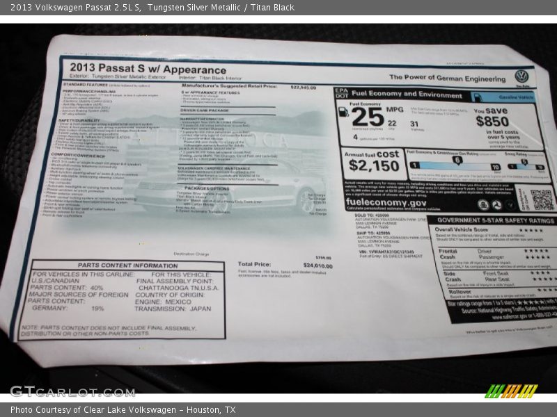 Tungsten Silver Metallic / Titan Black 2013 Volkswagen Passat 2.5L S