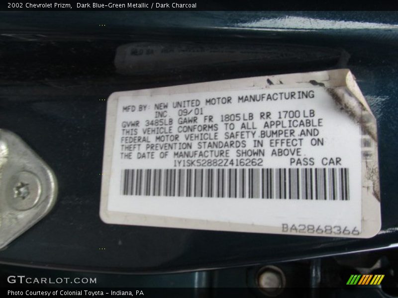 Info Tag of 2002 Prizm 