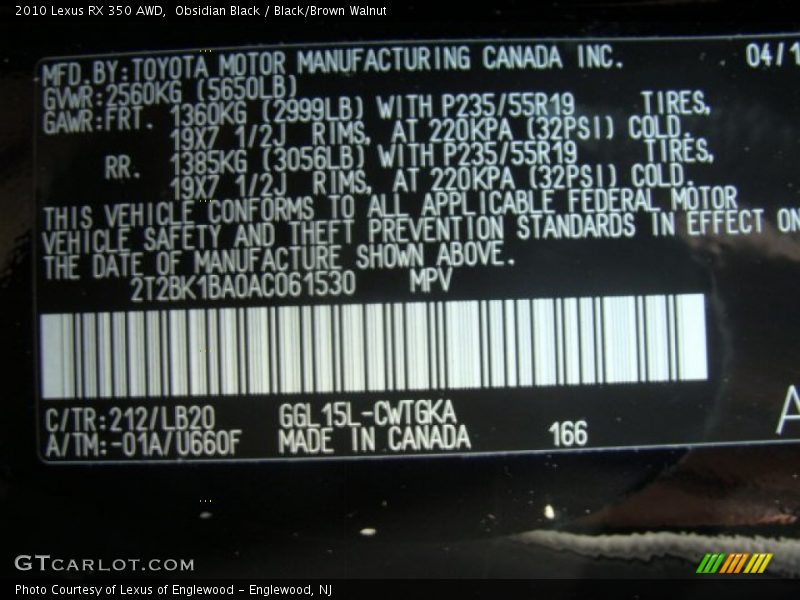 Obsidian Black / Black/Brown Walnut 2010 Lexus RX 350 AWD