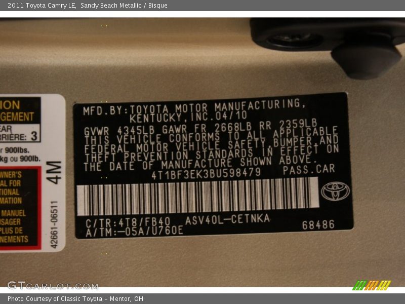 Sandy Beach Metallic / Bisque 2011 Toyota Camry LE