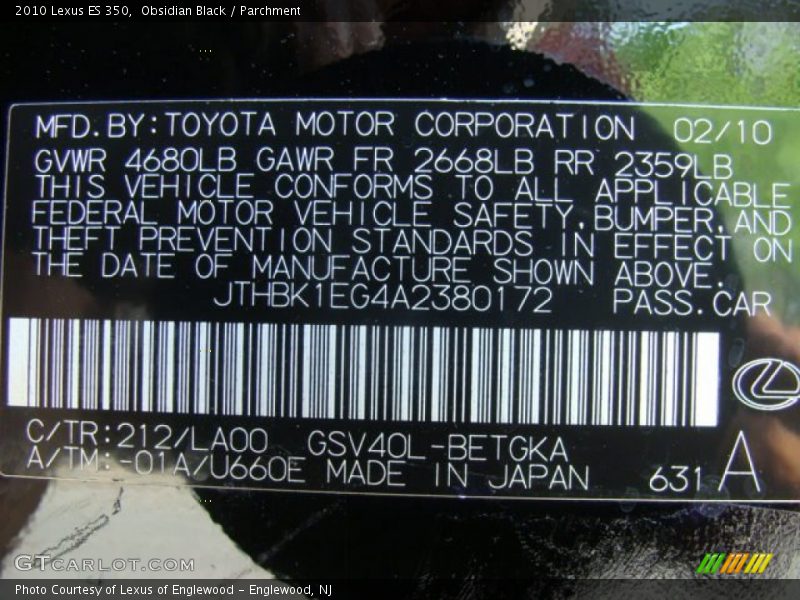 Obsidian Black / Parchment 2010 Lexus ES 350