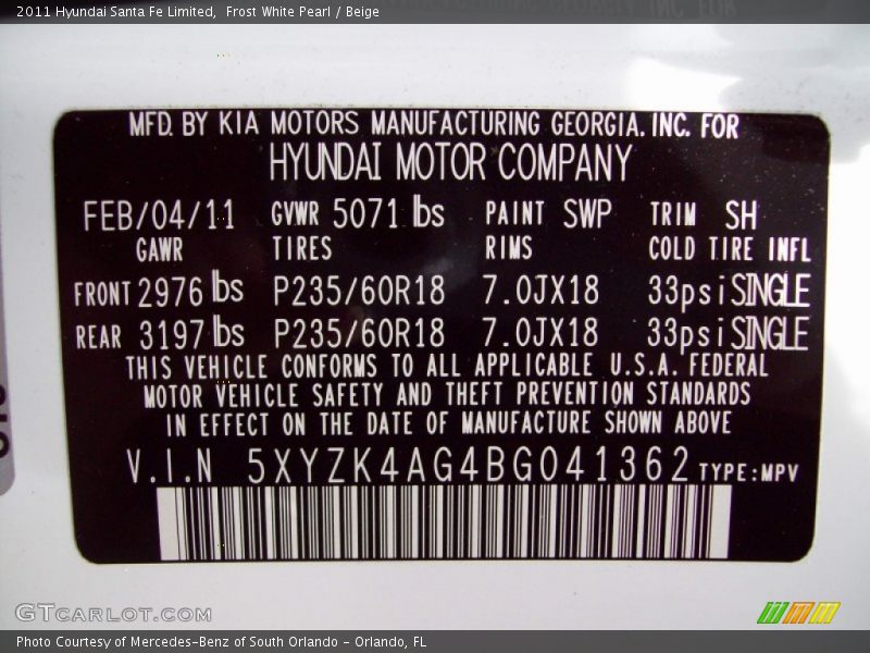Frost White Pearl / Beige 2011 Hyundai Santa Fe Limited