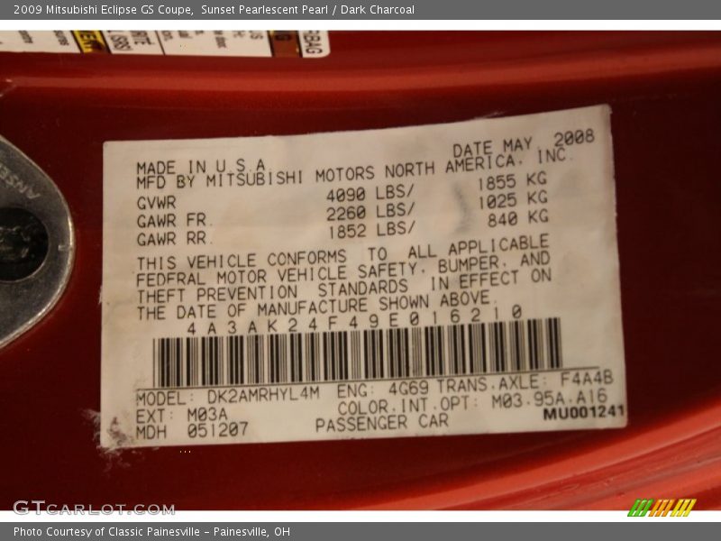 Sunset Pearlescent Pearl / Dark Charcoal 2009 Mitsubishi Eclipse GS Coupe