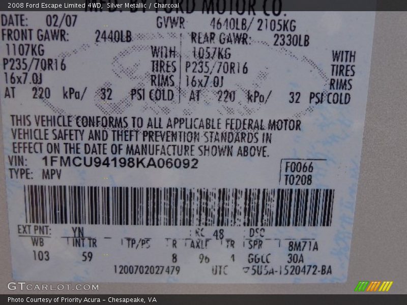 Silver Metallic / Charcoal 2008 Ford Escape Limited 4WD