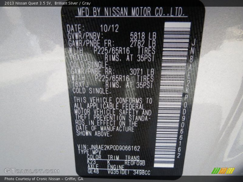 2013 Quest 3.5 SV Brilliant Silver Color Code K23