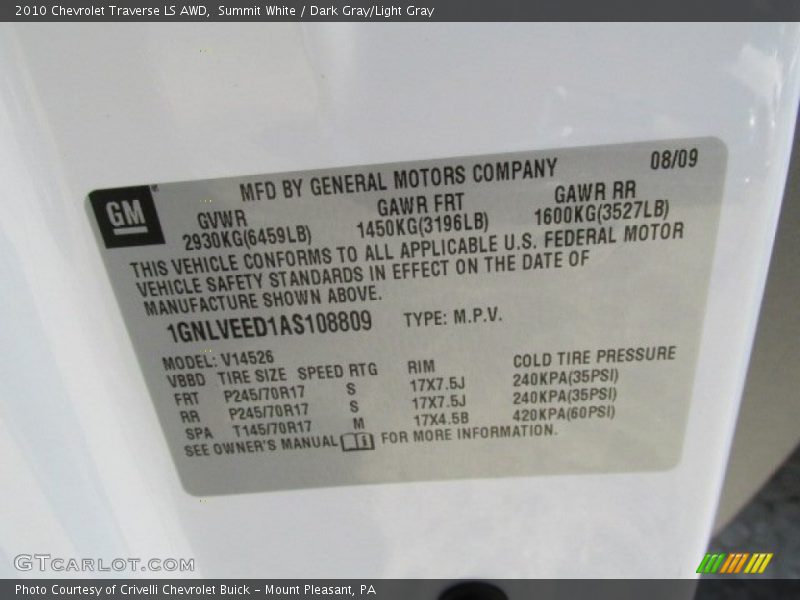 Summit White / Dark Gray/Light Gray 2010 Chevrolet Traverse LS AWD