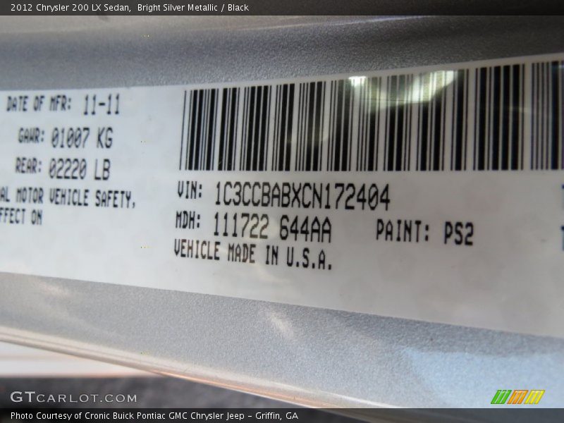 Bright Silver Metallic / Black 2012 Chrysler 200 LX Sedan