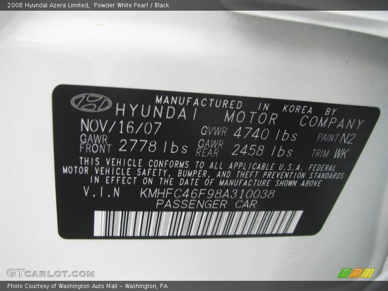 Powder White Pearl / Black 2008 Hyundai Azera Limited