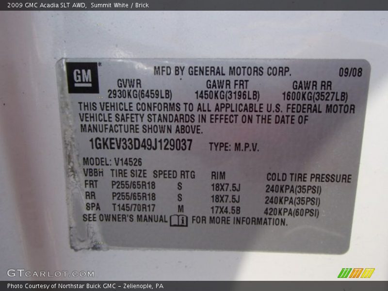 Summit White / Brick 2009 GMC Acadia SLT AWD