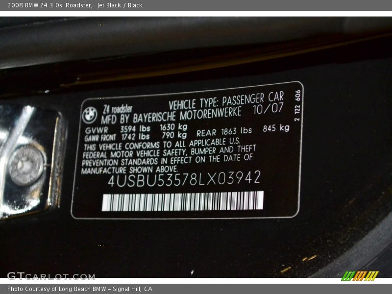 Jet Black / Black 2008 BMW Z4 3.0si Roadster