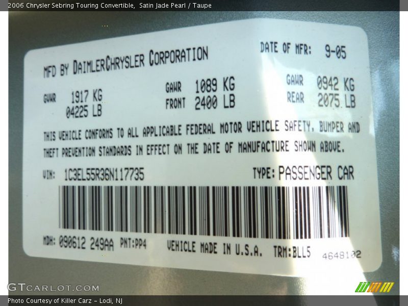 Satin Jade Pearl / Taupe 2006 Chrysler Sebring Touring Convertible