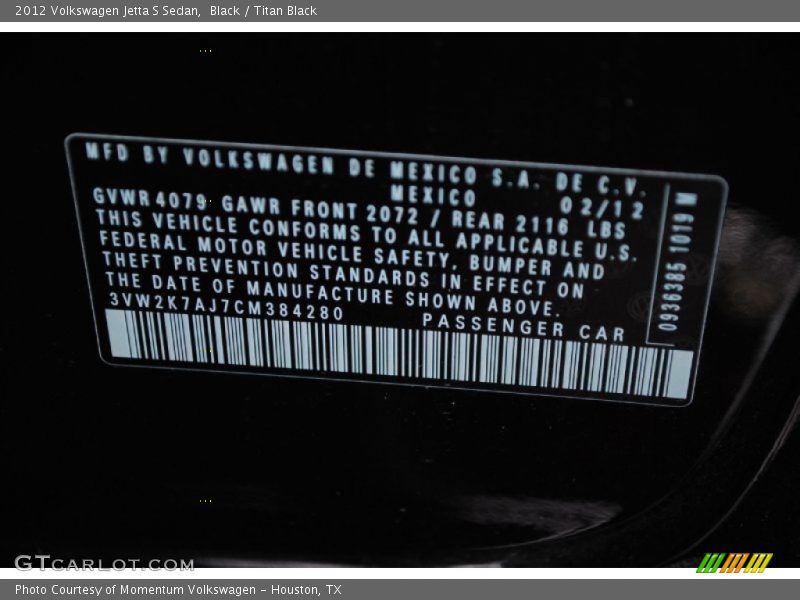 Black / Titan Black 2012 Volkswagen Jetta S Sedan