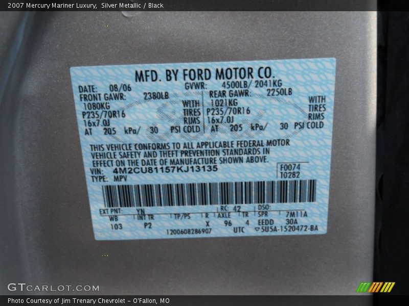 2007 Mariner Luxury Silver Metallic Color Code YN
