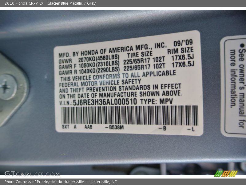 Glacier Blue Metallic / Gray 2010 Honda CR-V LX
