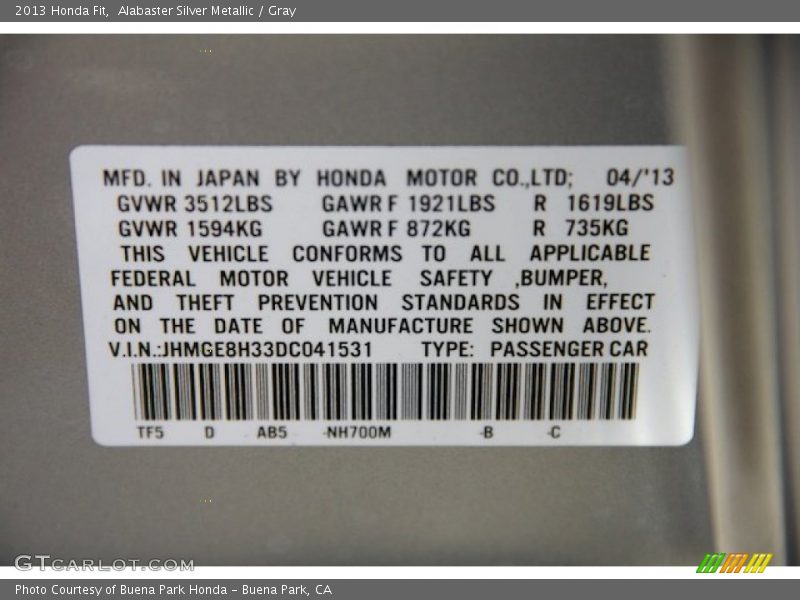 Alabaster Silver Metallic / Gray 2013 Honda Fit