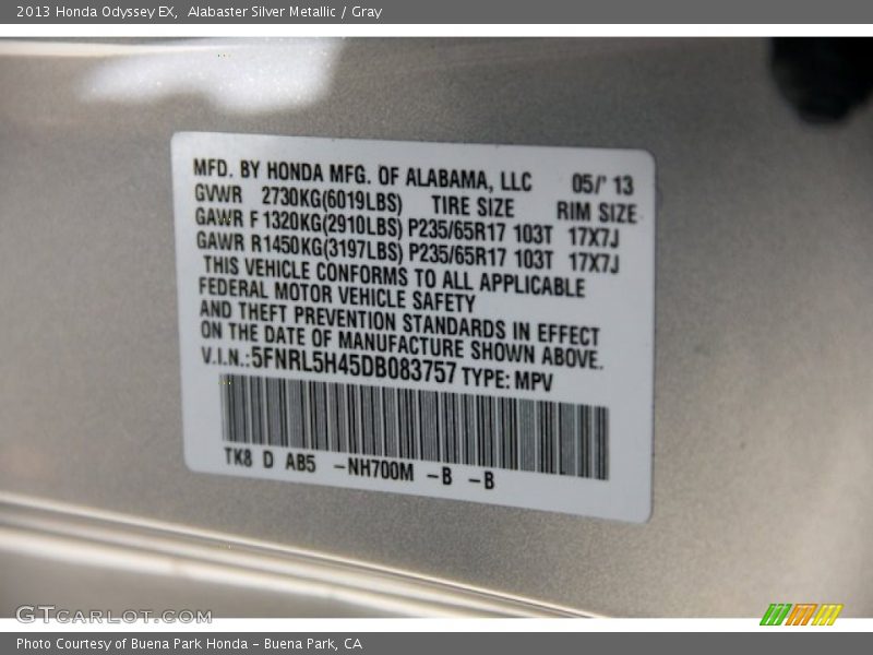 Alabaster Silver Metallic / Gray 2013 Honda Odyssey EX