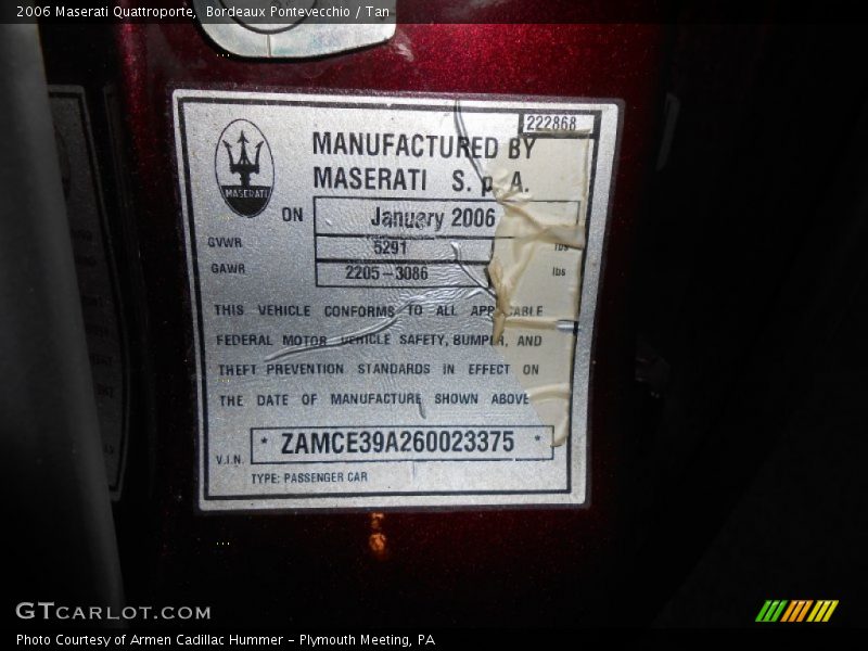 Info Tag of 2006 Quattroporte 
