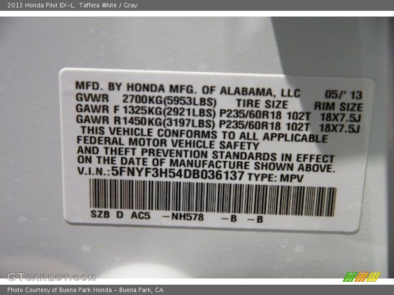 Taffeta White / Gray 2013 Honda Pilot EX-L