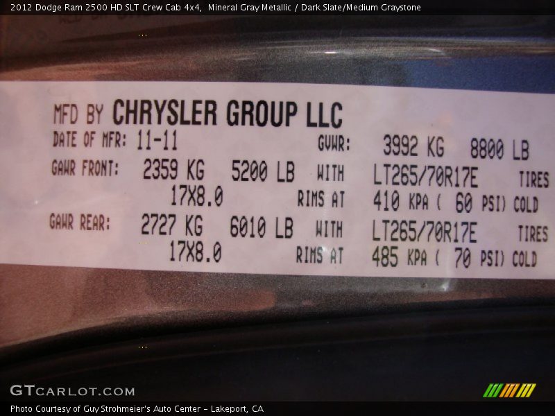 Mineral Gray Metallic / Dark Slate/Medium Graystone 2012 Dodge Ram 2500 HD SLT Crew Cab 4x4