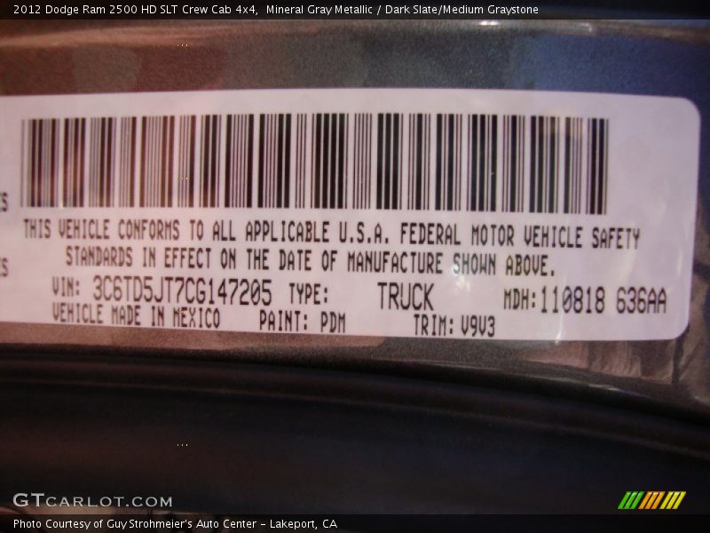2012 Ram 2500 HD SLT Crew Cab 4x4 Mineral Gray Metallic Color Code PDM