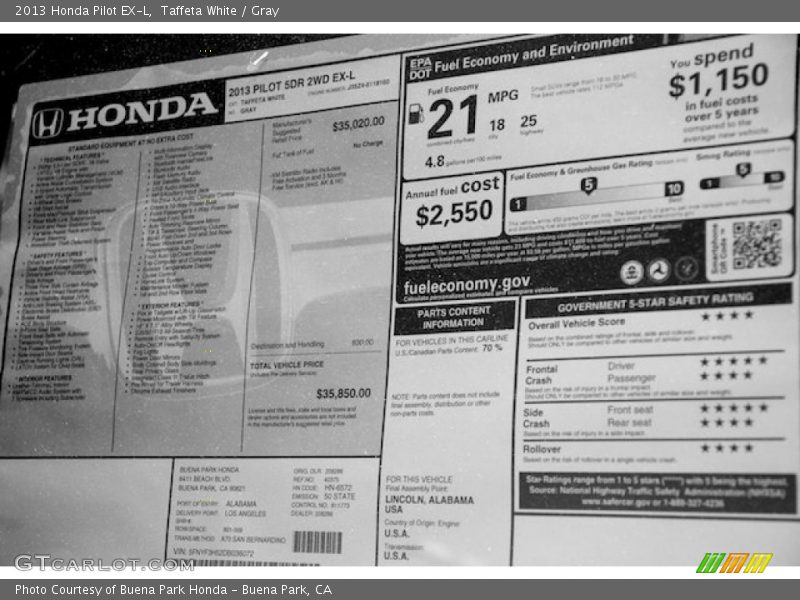 Taffeta White / Gray 2013 Honda Pilot EX-L