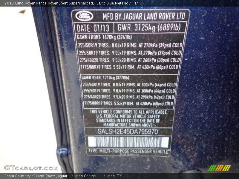 Baltic Blue Metallic / Tan 2013 Land Rover Range Rover Sport Supercharged