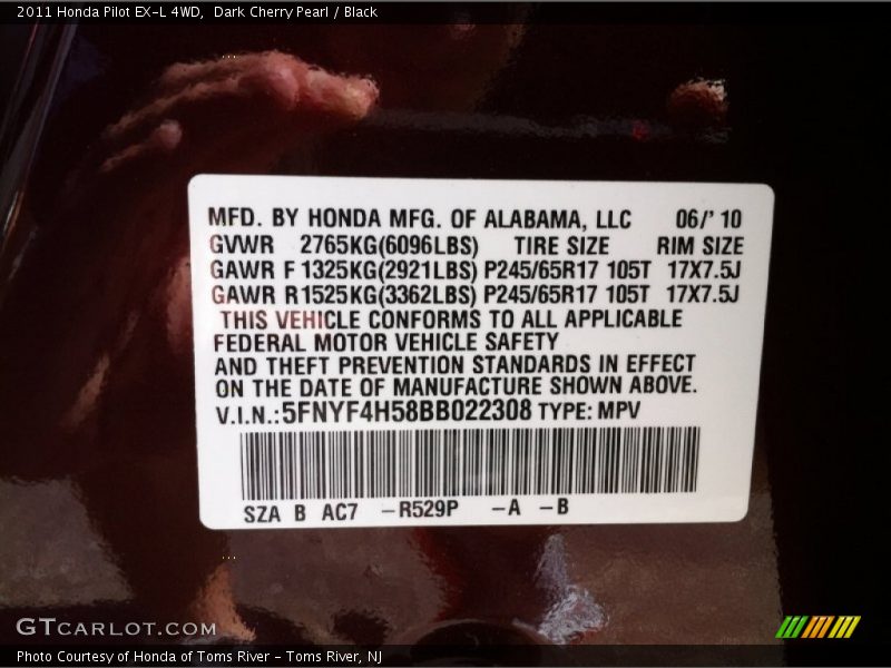 Dark Cherry Pearl / Black 2011 Honda Pilot EX-L 4WD