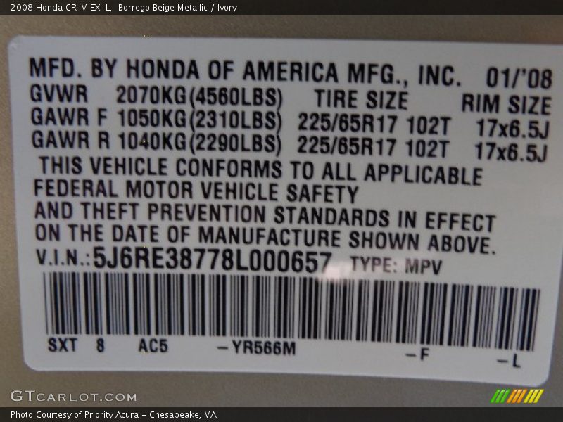 Borrego Beige Metallic / Ivory 2008 Honda CR-V EX-L