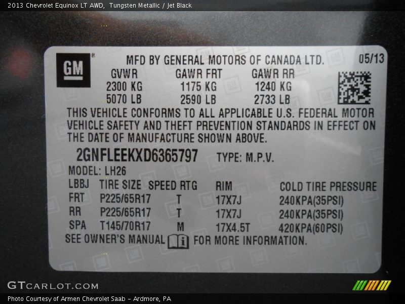 Info Tag of 2013 Equinox LT AWD