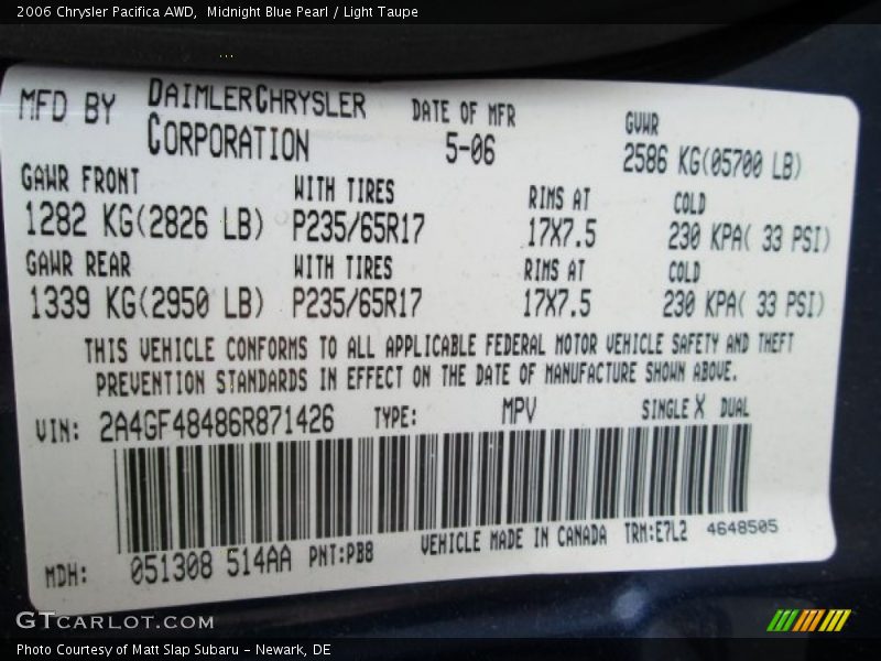 2006 Pacifica AWD Midnight Blue Pearl Color Code PB8