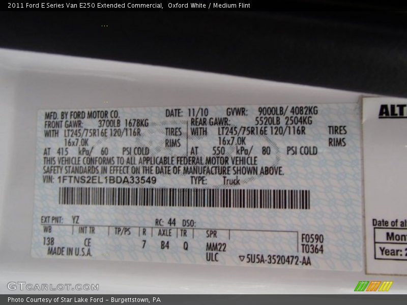 Oxford White / Medium Flint 2011 Ford E Series Van E250 Extended Commercial